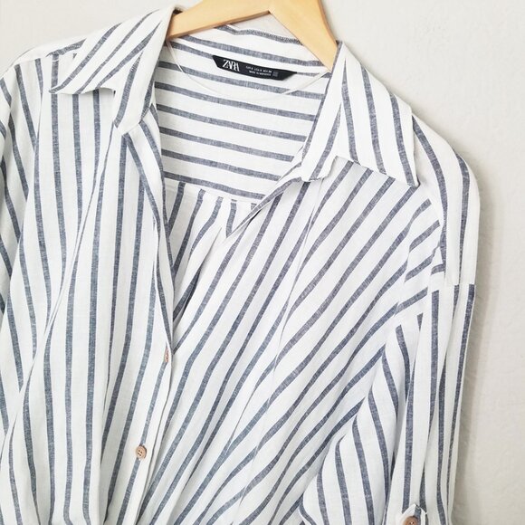 Zara Striped Linen Blend Knotted Twist Front Button Front Shirt Size S White - Picture 15 of 16